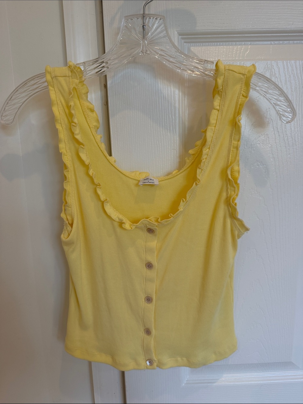ARITZIA Wilfred Pale Yellow Ruffled Ribbed Button Tank